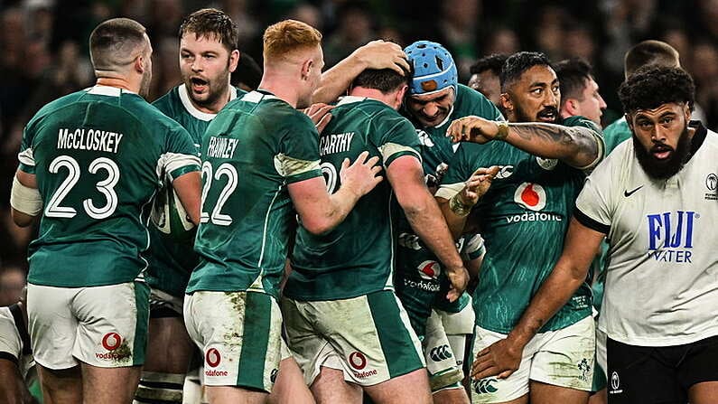 23 November 2024; Gus McCarthy of Ireland, centre, is congratulated by team-mates after scoring their side's sixth try during the Autumn Nations Series match between Ireland and Fiji at the Aviva Stadium in Dublin. Photo by Brendan Moran/Sportsfile