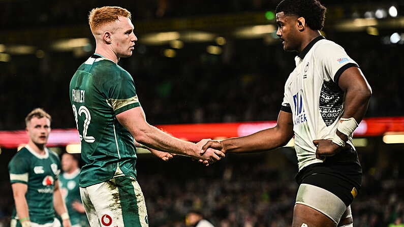 23 November 2024; Ciaran Frawley of Ireland and Setareki Turagacoke of Fiji after the Autumn Nations Series match between Ireland and Fiji at the Aviva Stadium in Dublin. Photo by Ben McShane/Sportsfile