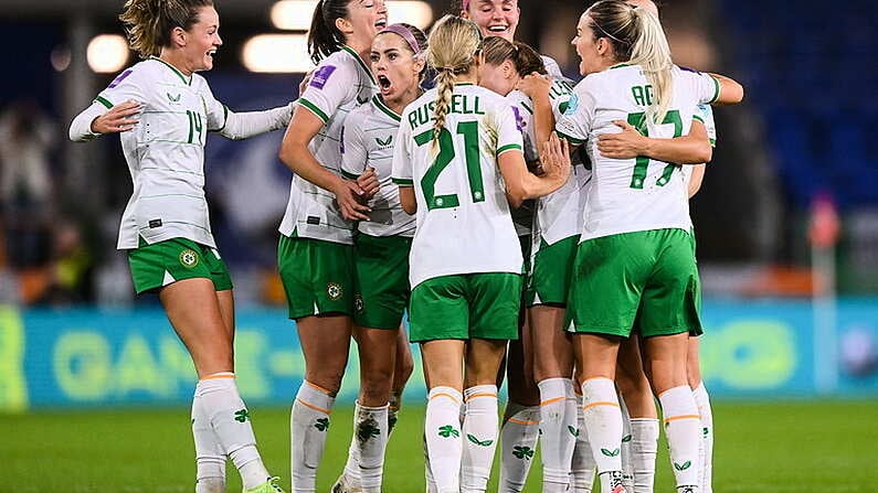 29 November 2024; Republic of Ireland players celebrate their first goal, scored by Ruesha Littlejohn, centre, during the UEFA Women's EURO 2025 Play-off Round Two first leg match between Wales and Republic of Ireland at Cardiff City Stadium in Wales. Photo by Stephen McCarthy/Sportsfile