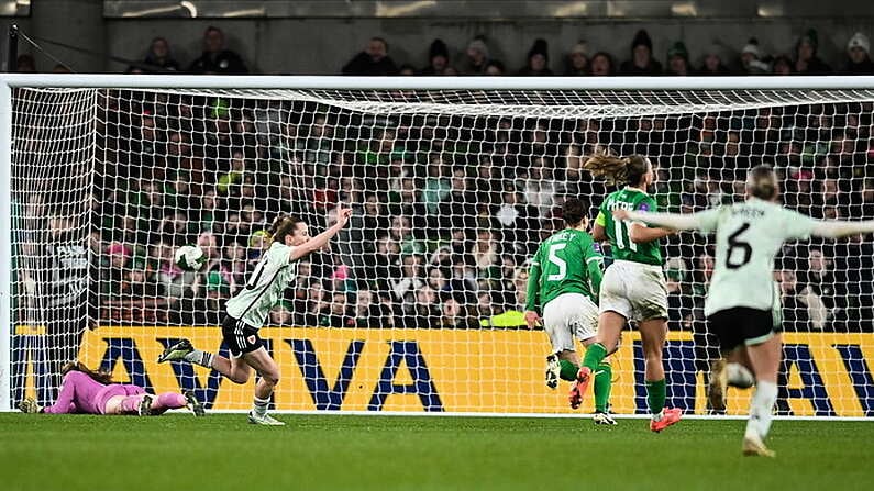 3 December 2024; Carrie Jones of Wales, second from left, celebrates after scoring her side's second goal during the UEFA Women's EURO 2025 Play-off Round Two second leg match between Republic of Ireland and Wales at the Aviva Stadium in Dublin. Photo by David Fitzgerald/Sportsfile