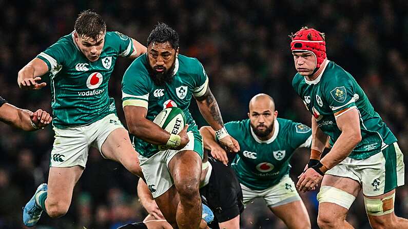 8 November 2024; Bundee Aki of Ireland makes a break during the Autumn Nations Series match between Ireland and New Zealand at the Aviva Stadium in Dublin. Photo by Seb Daly/Sportsfile