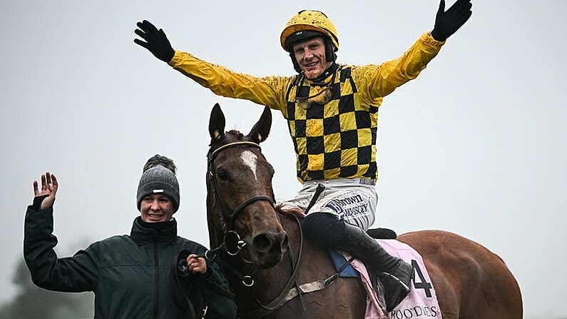 3 May 2024; Jockey Paul Townend celebrates on State Man with groom Rachel Robbins after winning the Boodles Champion Hurdle during day four of the Punchestown Festival at Punchestown Racecourse in Kildare. Photo by Seb Daly/Sportsfile