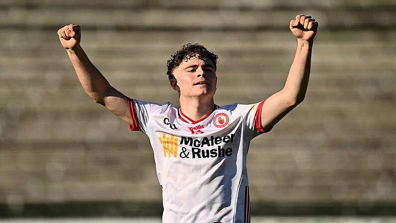 25 maggio 2025; Joel Kerr di Tyrone reagisce dopo il fischio finale della finale dell'Electric Ireland Ulster GAA Football Minor Championship tra Cavan e Tyrone al Brewster Park di Enniskillen, Fermanagh. Foto di Oliver McVeigh/Sportsfile
