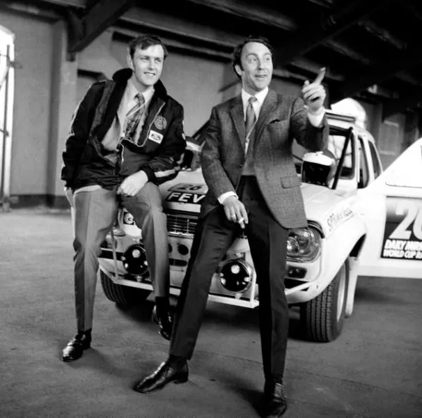 Jimmy Greaves and co driver Tony Fall at an event prior to the Wembley to Mexico World Cup Rally 