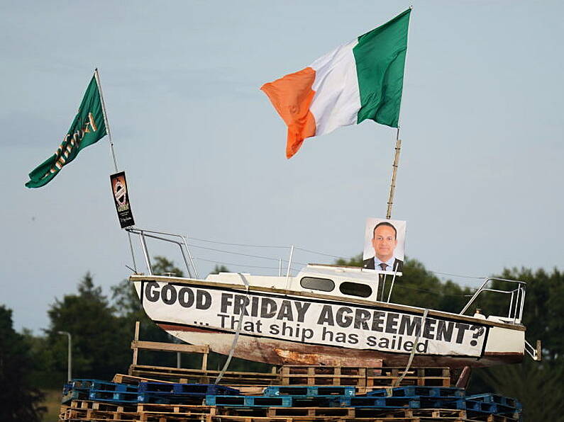 Irish flag and poster of Taoiseach Leo Varadkar placed on loyalist bonfire