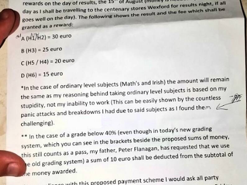 This Irish lad drew up a reward contract for his parents ahead of his Leaving Cert results