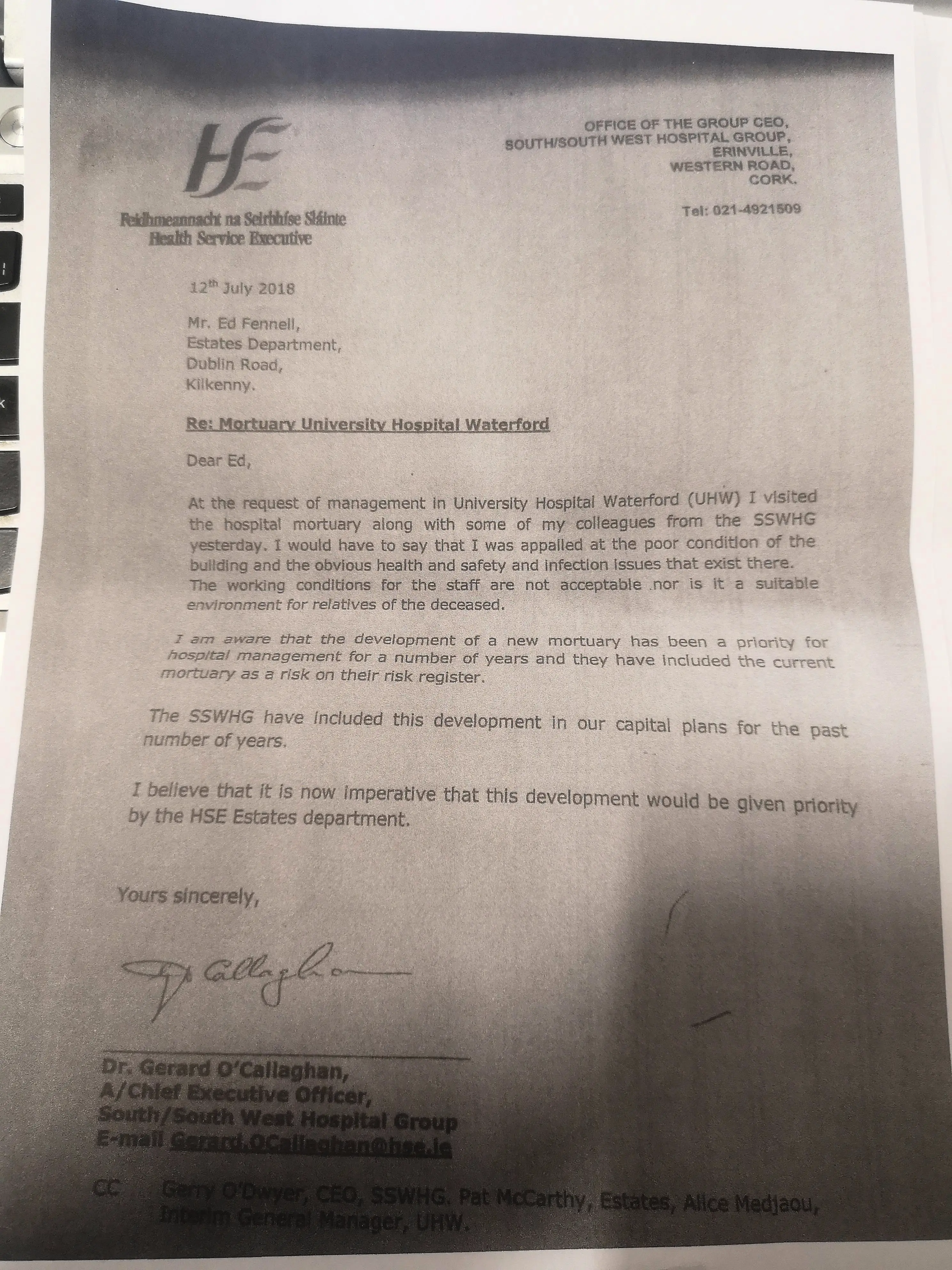 Second consultants' letter underlined concerns at Waterford morgue