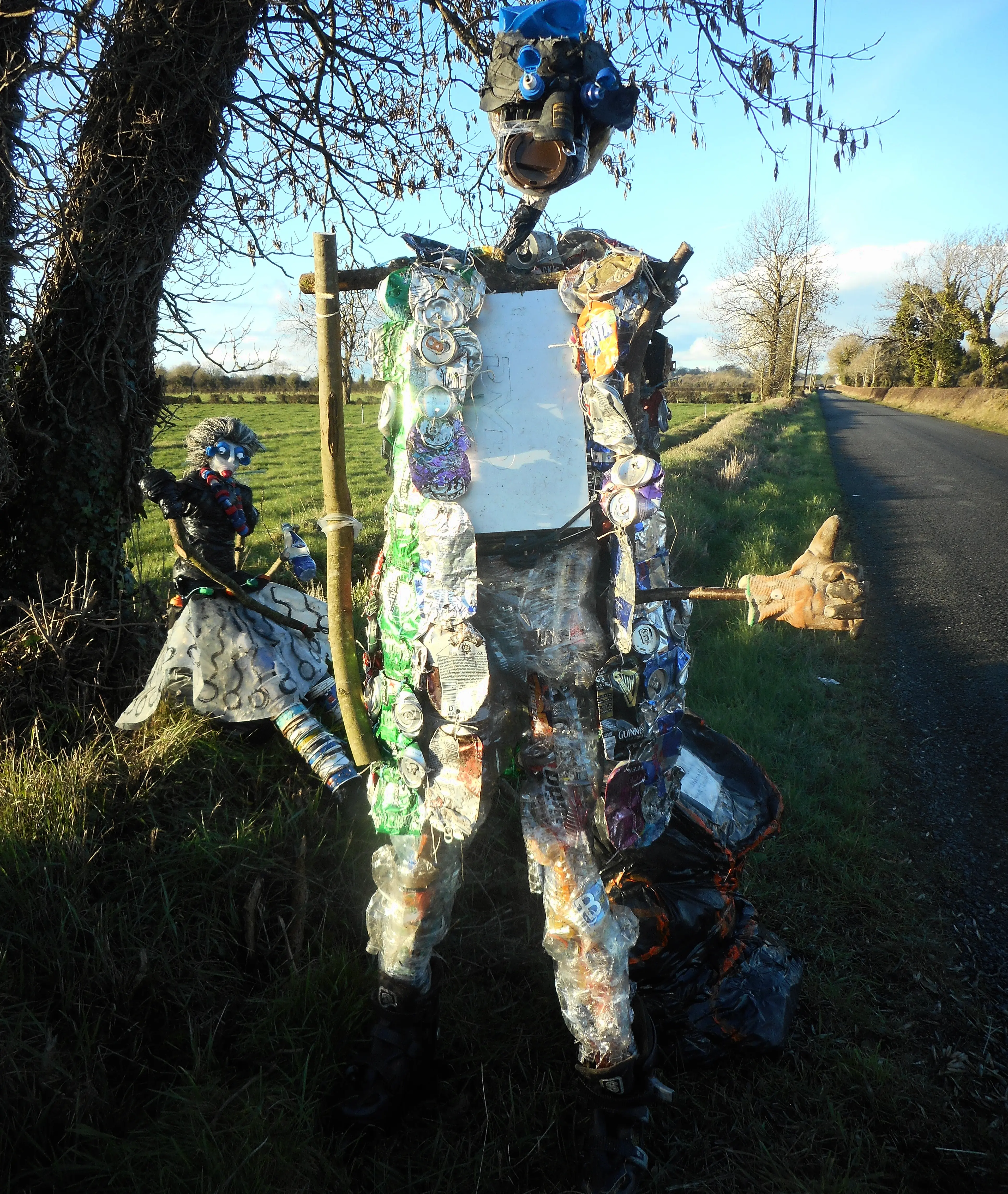 Artist uses 11 bags of rubbish picked up from roads in six hours to make sculptures in Meath