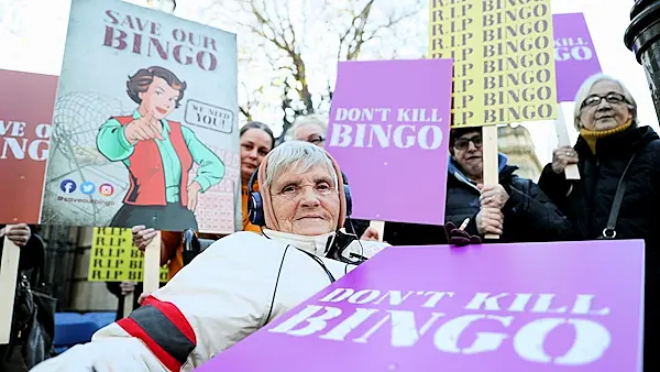 Protestors gather outside Leinster House against 'modest proposal' on bingo prize money