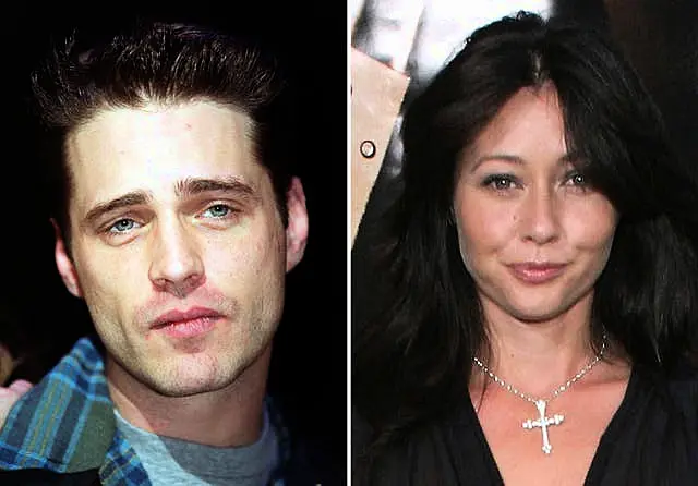 Head shots of Jason Priestley and Shannen Doherty