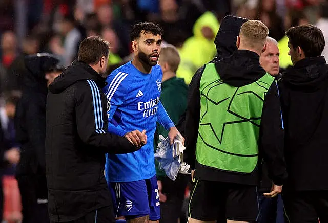 David Raya is greeted by Aaron Ramsdale, second right, at full-time