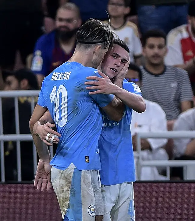 Phil Foden celebrates his goal with team-mate Jack Grealish