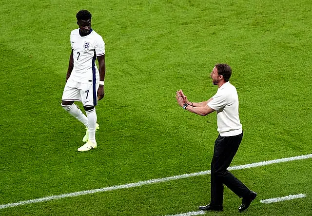 England manager Gareth Southgate instructs Bukayo Saka from the touchline during the Euro 2024 final