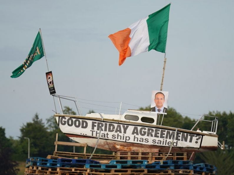 Irish flag and poster of Taoiseach Leo Varadkar placed on loyalist bonfire