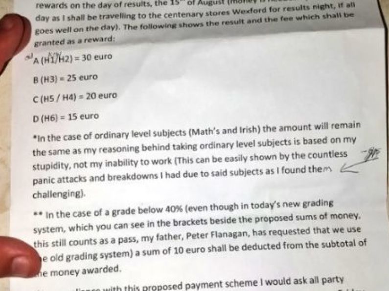 This Irish lad drew up a reward contract for his parents ahead of his Leaving Cert results