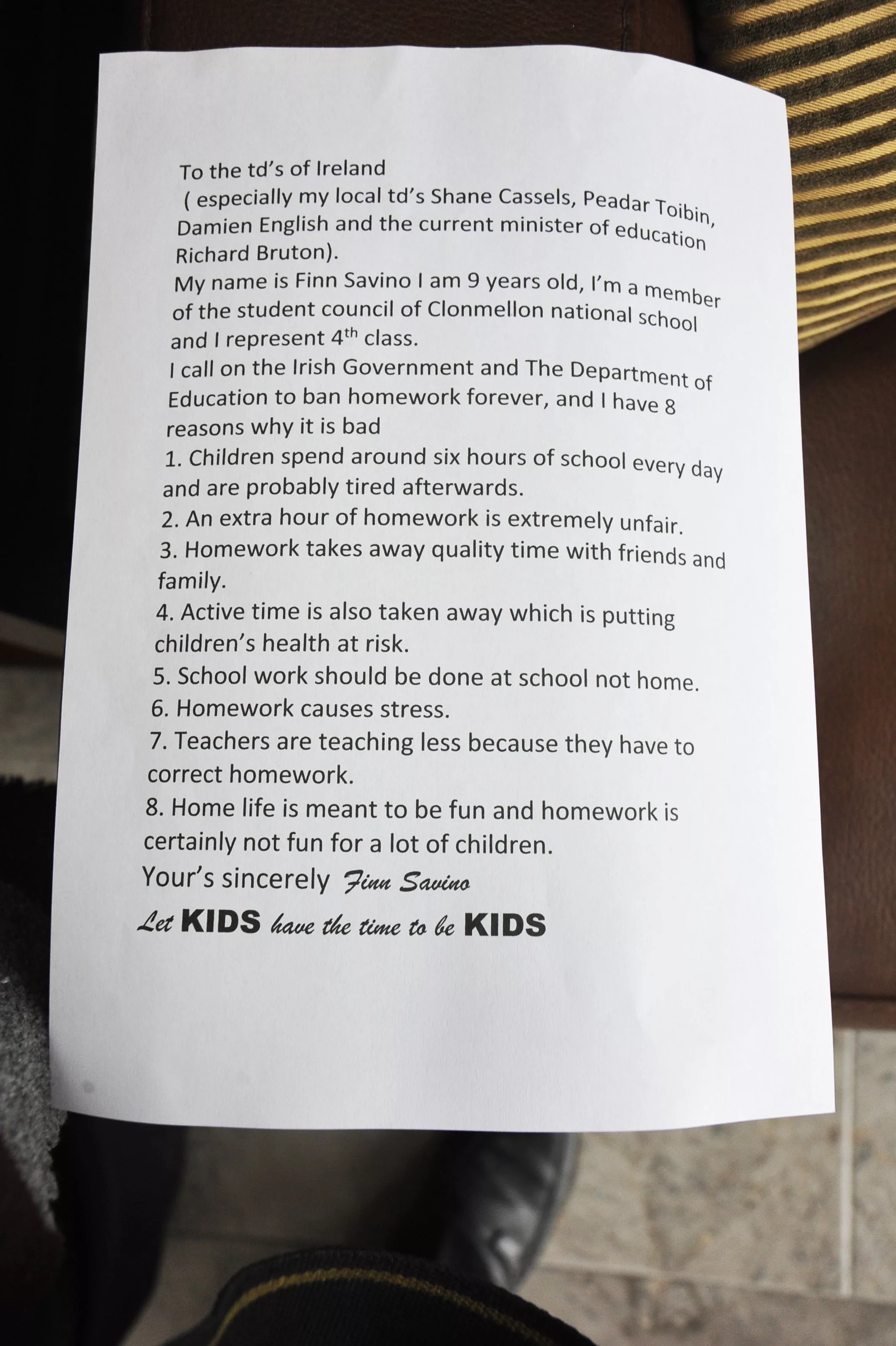 'Let kids have the time to be kids': Young student writes to TDs to abolish homework
