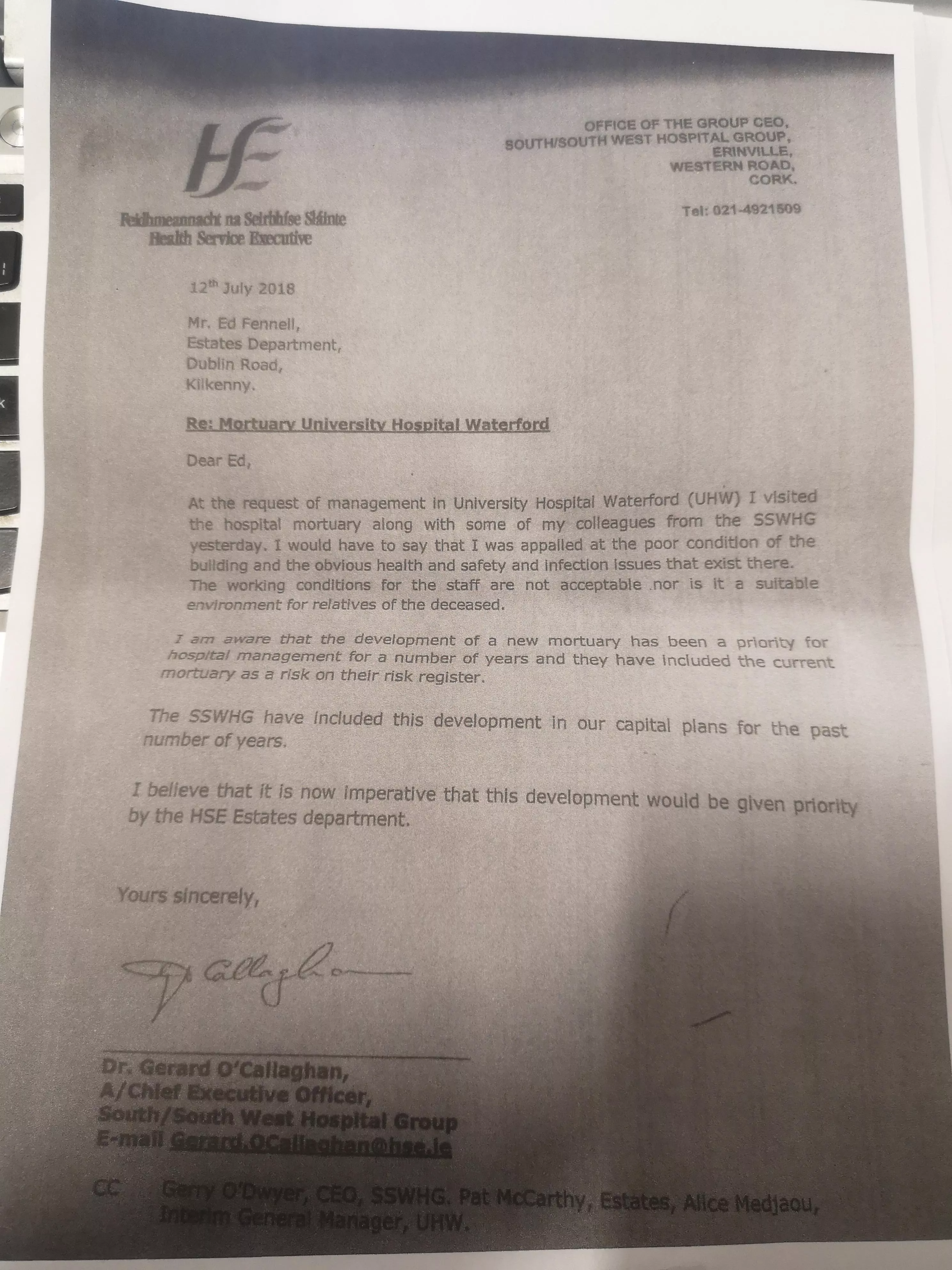 Second consultants' letter underlined concerns at Waterford morgue