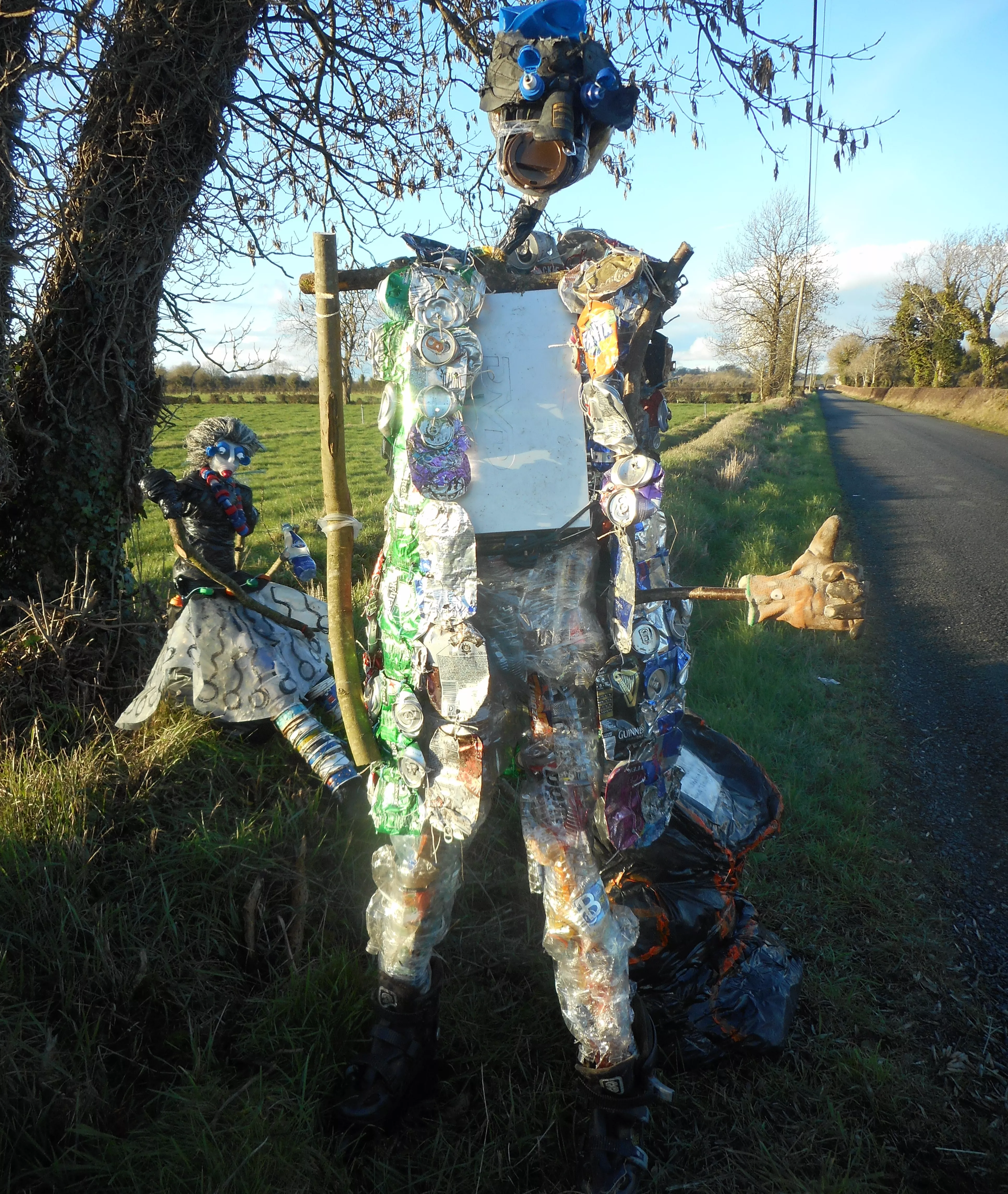 Artist uses 11 bags of rubbish picked up from roads in six hours to make sculptures in Meath