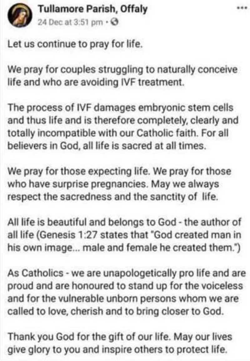 Tullamore parish apologises for Facebook post claiming IVF 'incompatible with Catholic faith'
