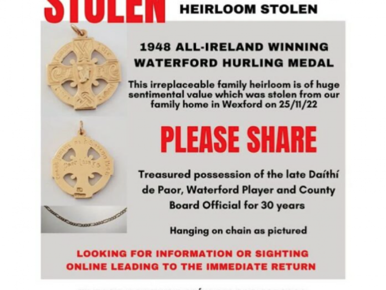 All-Ireland winning medal stolen from family of Waterford Hurling legend