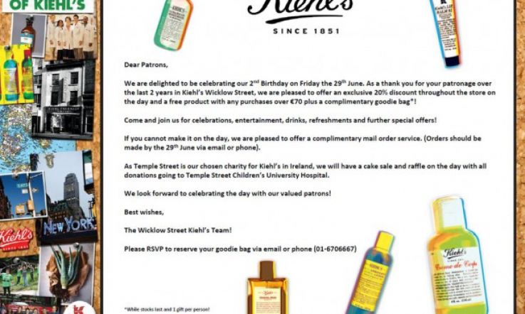 Kiehl's celebrate birthday with 20% discount and free goody bag for purchases over €70