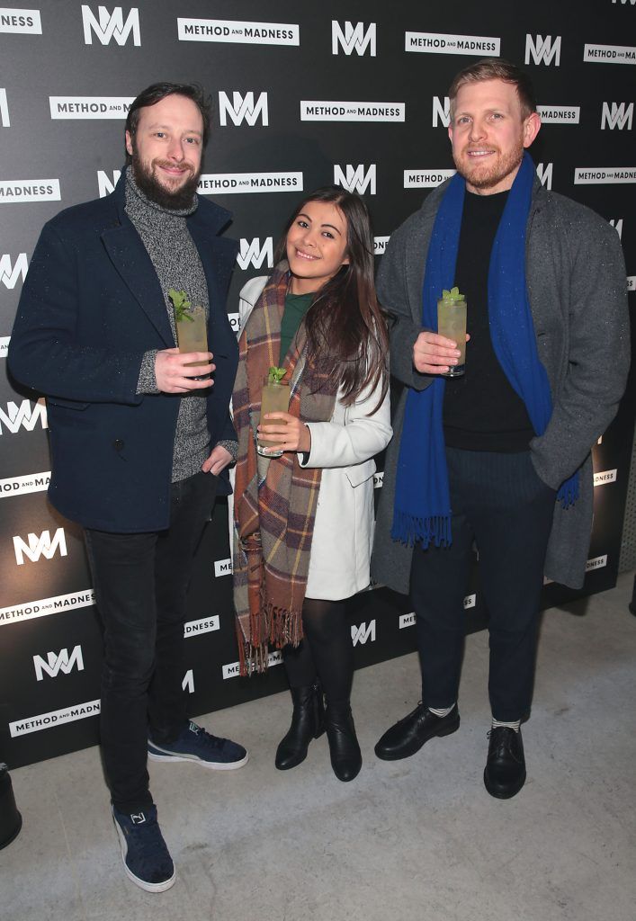Danny Murphy, Nicola Carruthers and Owain Williams at the launch of Method and Madness premium whiskey range from Irish Distillers at The Project Arts Centre, Dublin (Picture by Brian McEvoy).