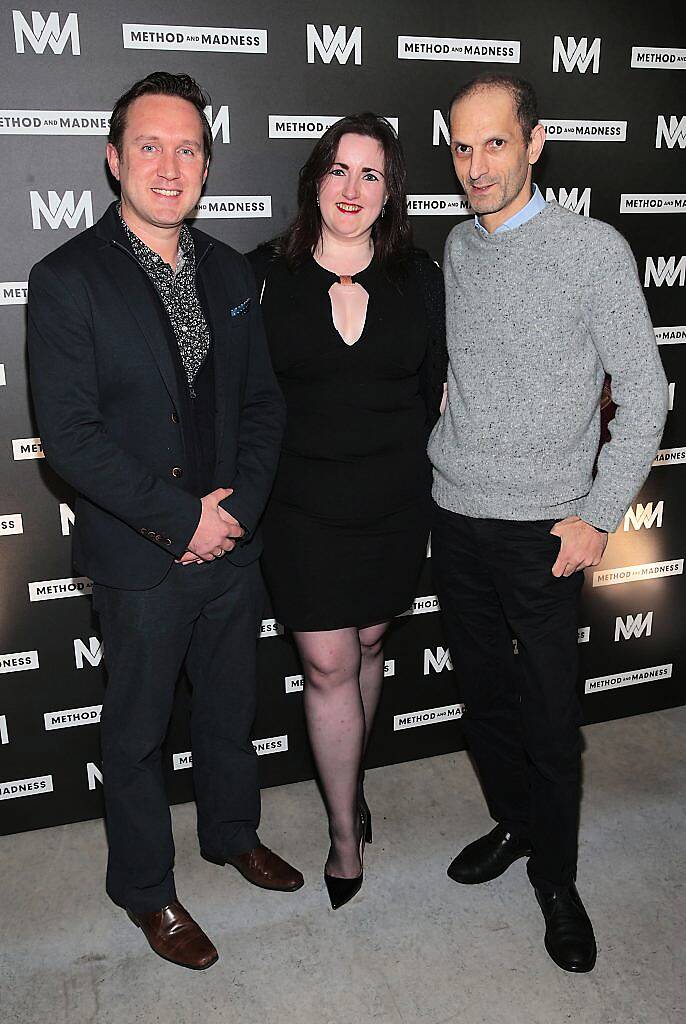 Conor Ryan, Suzanne Redmond and Serghios Florides at the launch of Method and Madness premium whiskey range from Irish Distillers at The Project Arts Centre, Dublin (Picture by Brian McEvoy).