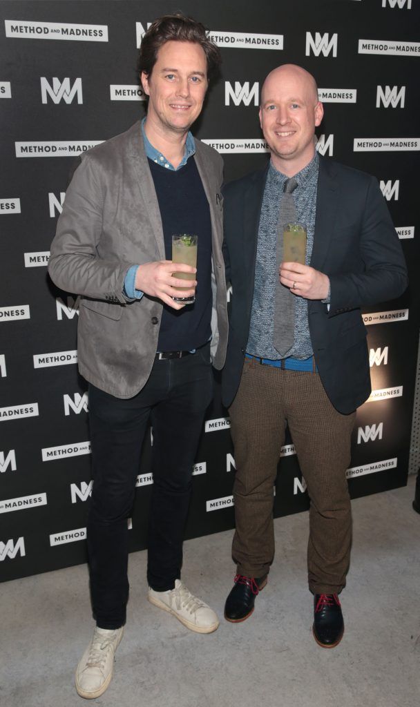 Colin Hart and Jarrod Banadyga at the launch of Method and Madness premium whiskey range from Irish Distillers at The Project Arts Centre, Dublin (Picture by Brian McEvoy).