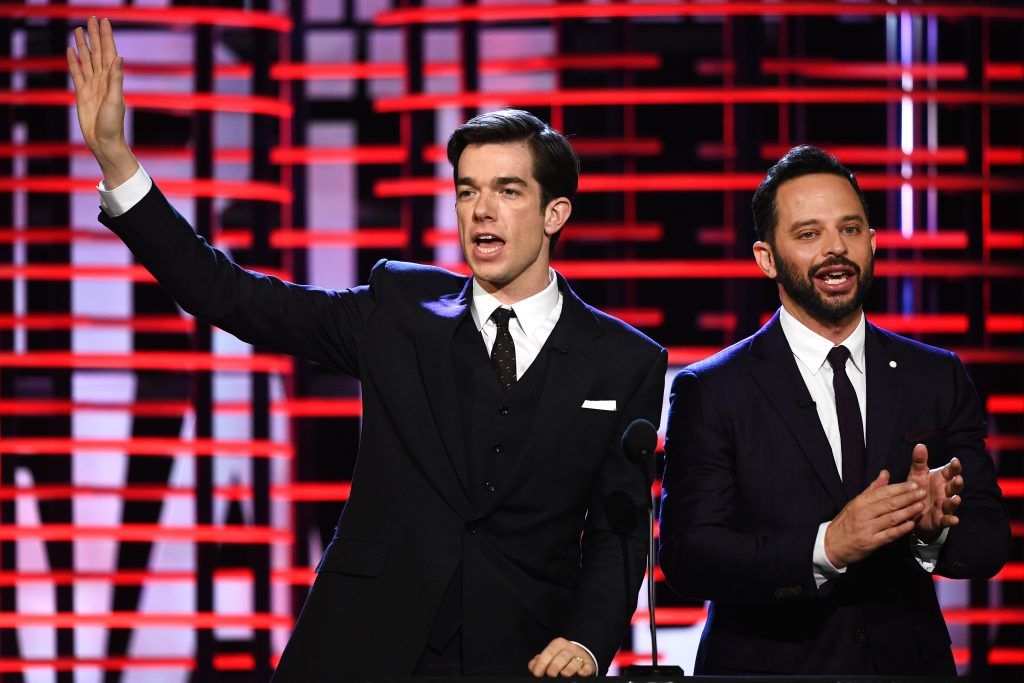 Co-hosts John Mulaney (L) and Nick Kroll speak onstage during the 2017 Film Independent Spirit Awards at the Santa Monica Pier on February 25, 2017 in Santa Monica, California.  (Photo by Kevork Djansezian/Getty Images for Film Independent)
