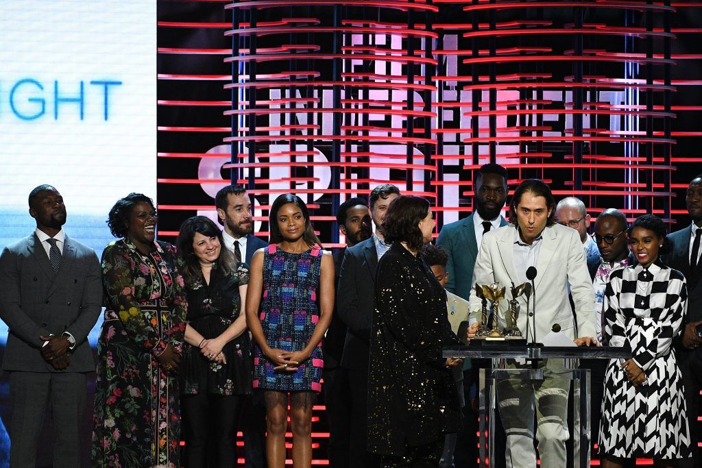 Producer Jeremy Kleiner (2nd from R, at microphone) speaks while he and the cast and crew of  'Moonlight' accept the Best Feature award onstage during the 2017 Film Independent Spirit Awards at the Santa Monica Pier on February 25, 2017 in Santa Monica, California.  (Photo by Kevork Djansezian/Getty Images for Film Independent)