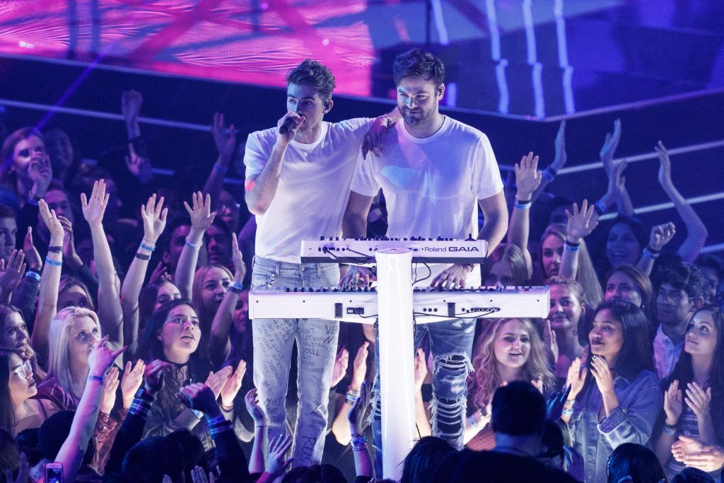 DJs Andrew Taggart (L) and Alex Pall performonstage at the 2017 iHeartRadio Music Awards which broadcast live on Turner's TBS, TNT, and truTV at The Forum on March 5, 2017 in Inglewood, California.  (Photo by Rich Polk/Getty Images for iHeartMedia)