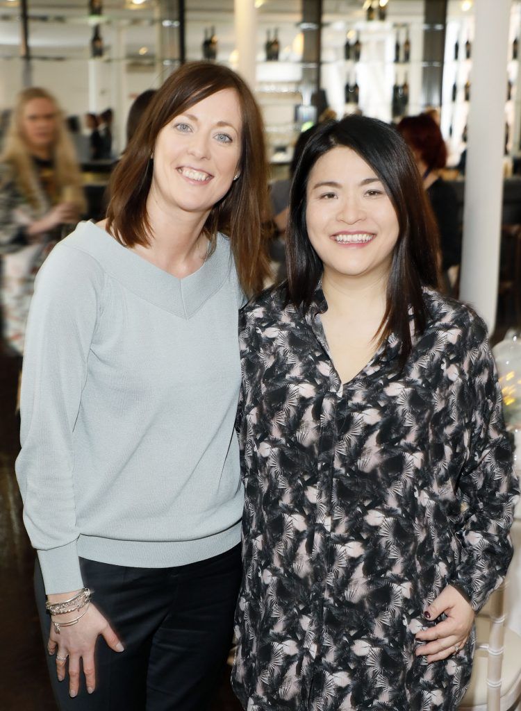 Annmarie Phillips and Hazel Chu at the Baileys and Diageo lunchtime panel discussion in advance of International Women's Day (IWD) 2017. The theme of the discussion #BeBoldForChange focused on what actions are required to accelerate gender parity in Ireland. Photo Kieran Harnett
