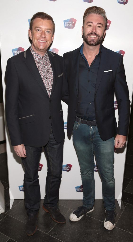 Alan Hughes and Karl Broderick at the opening night of the musical 'The Wedding Singer' at the Bord Gais Energy Theatre, Dublin (Picture:Brian McEvoy).
