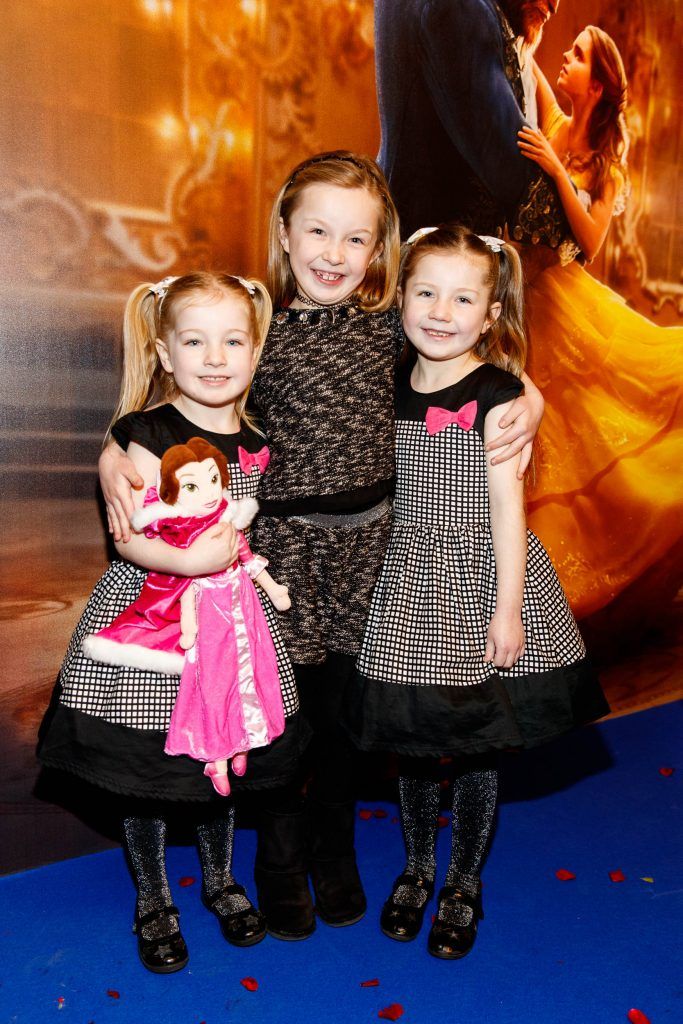 Georgia (7), Amee (8) and Shauna Rice (7) from Drogheda pictured at the special preview screening of Disney's Beauty and the Beast at the SAVOY Cinema Dublin. Picture Andres Poveda