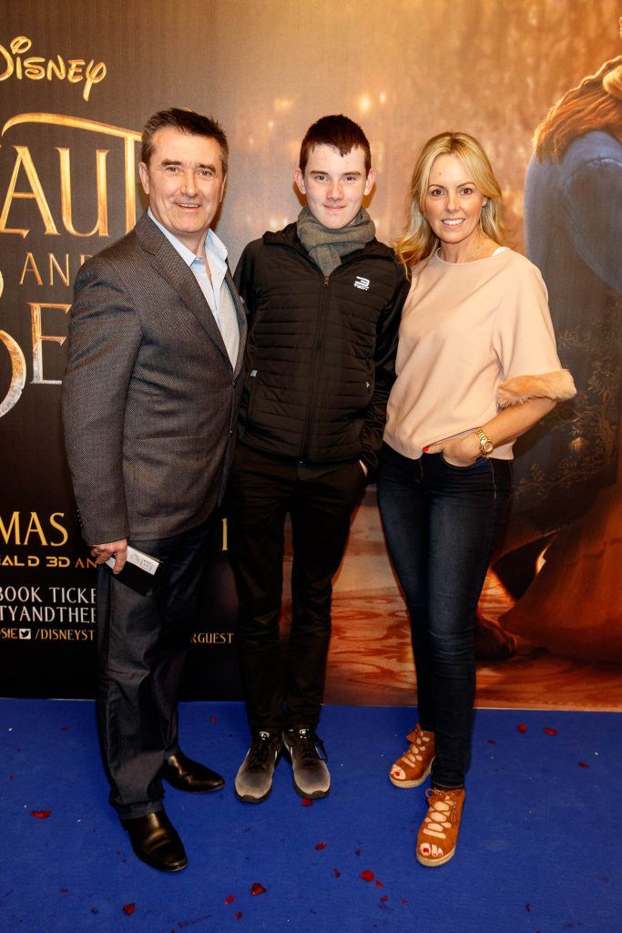 Martin King and Jenny McCarthy with son Alex pictured at the special preview screening of Disney's Beauty and the Beast at the SAVOY Cinema Dublin. Picture Andres Poveda