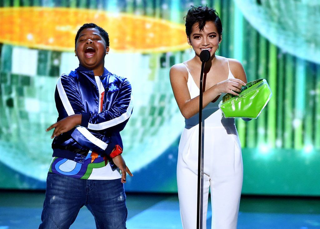Actors Benjamin Flores Jr. (L) and Isabela Moner speak onstage at Nickelodeon's 2017 Kids' Choice Awards at USC Galen Center on March 11, 2017 in Los Angeles, California.  (Photo by Kevin Winter/Getty Images)
