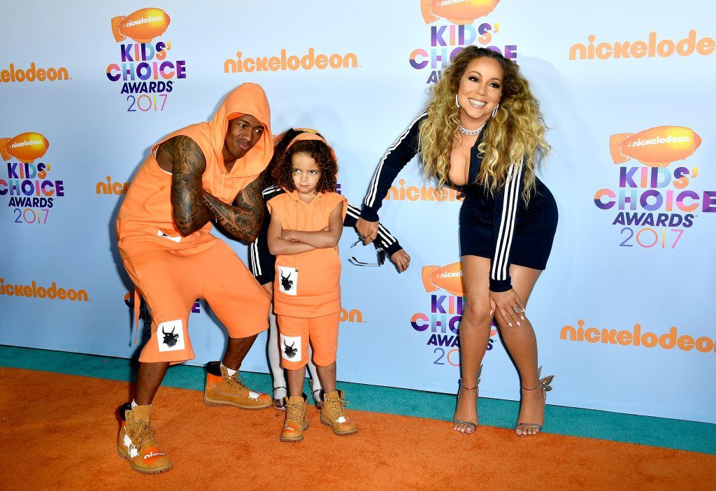 (L-R) TV personality Nick Cannon, Moroccan Scott Cannon, singer Mariah Carey and Monroe Cannon at Nickelodeon's 2017 Kids' Choice Awards at USC Galen Center on March 11, 2017 in Los Angeles, California.  (Photo by Frazer Harrison/Getty Images)