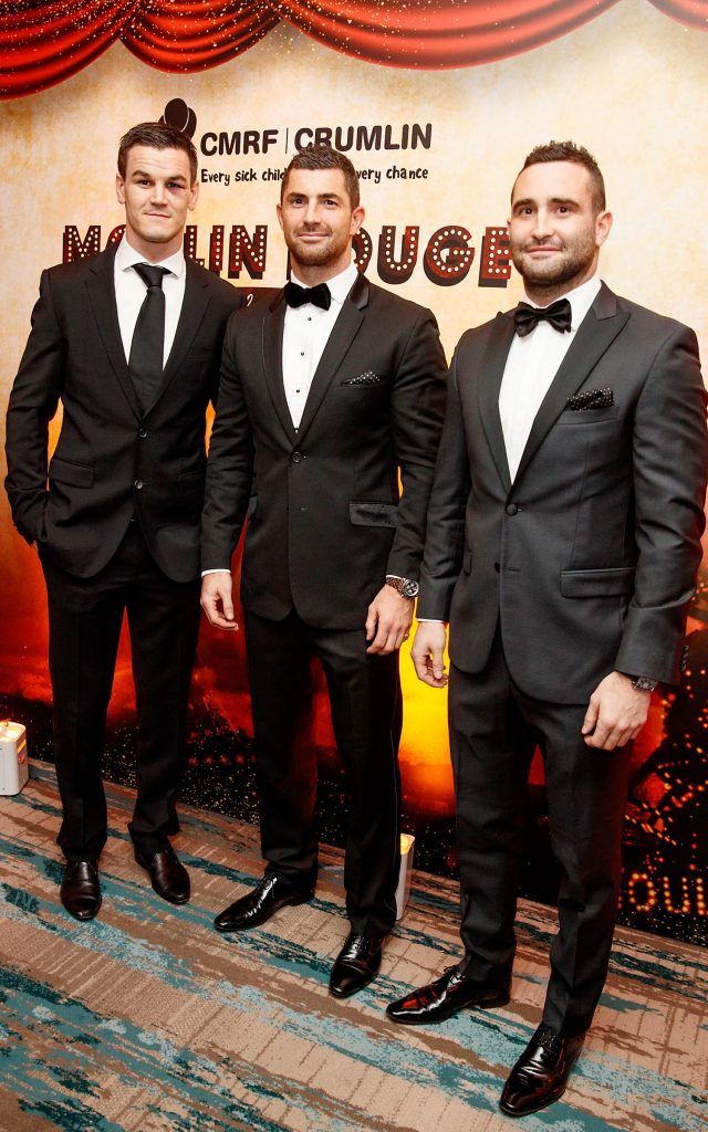 Jonathan Sexton with Rob and Dave Kearney pictured at the annual Crumlin Ball in aid of Our Lady's Children's Hospital and CMRF Crumlin.This year's Moulin Rouge themed event was held in The Clayton Hotel, Burlington Road, Dublin. Picture Andres Poveda