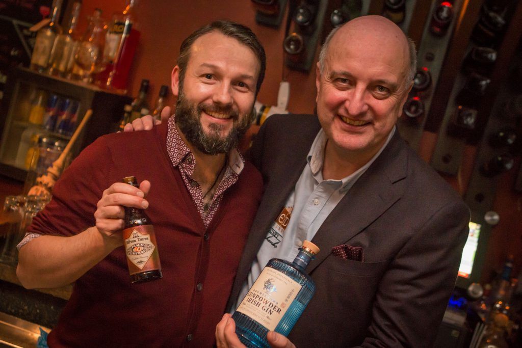 Pictured are Alexander Hauck and PJ Rigney at the launch of The Bitter Truth & Drumshanbo Gunpowder Irish Gin cocktail collaboration at The Exchequer Dublin 2 on Wednesday evening. Photos by Tom O'Brien.