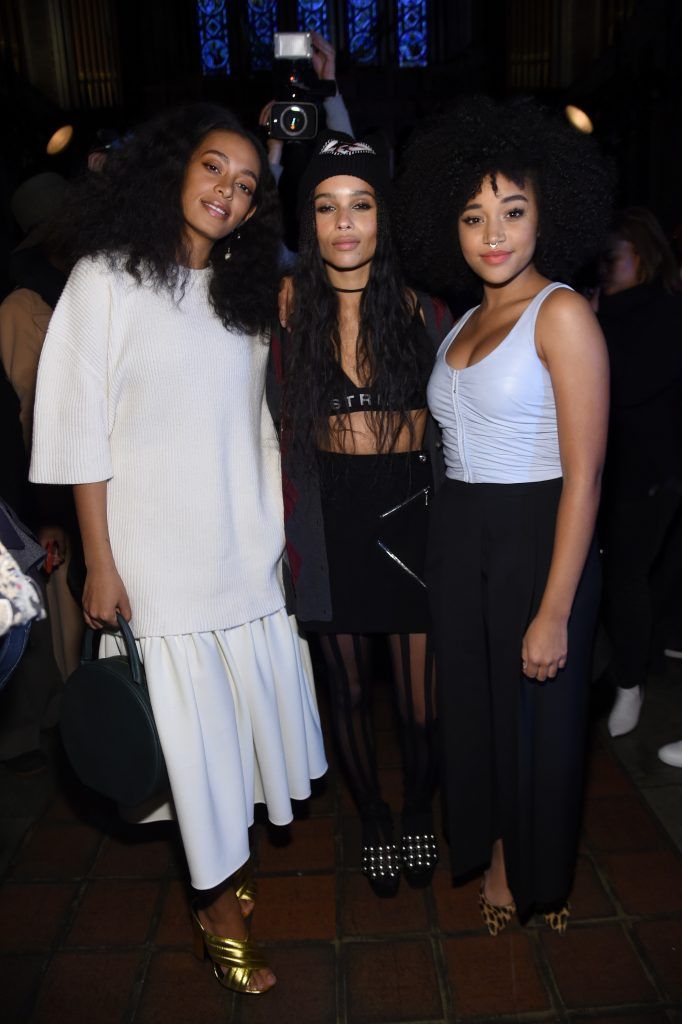 Solange Knowles, Zoe Kravitz and Amandla Stenberg attend the Alexander Wang Fall 2016 fashion show during New York Fashion Week at St. Bartholomew's Church on February 13, 2016 in New York City.  (Photo by Jamie McCarthy/Getty Images)