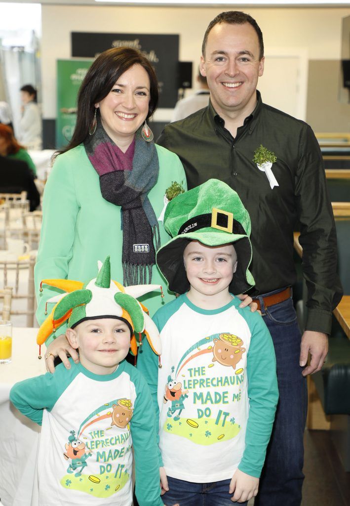 Anne Norton with Larry, Lorcan and Killian Daly at the St. Patrick's Day Festival VIP Breakfast proudly sponsored by Marks & Spencer at the Rooftop Cafe in M&S Grafton Street. Photo by Kieran Harnett