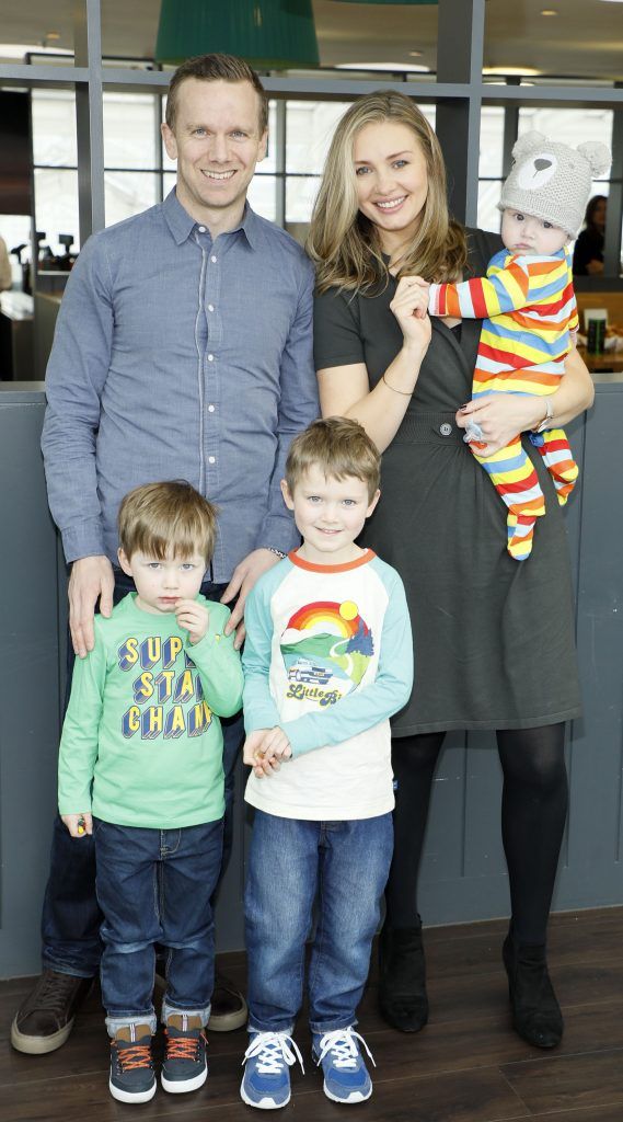 Anna Daly with her husband Ben Ward, Euan, James and baby Rrys Ward at the St. Patrick's Day Festival VIP Breakfast proudly sponsored by Marks & Spencer at the Rooftop Cafe in M&S Grafton Street. Photo by Kieran Harnett