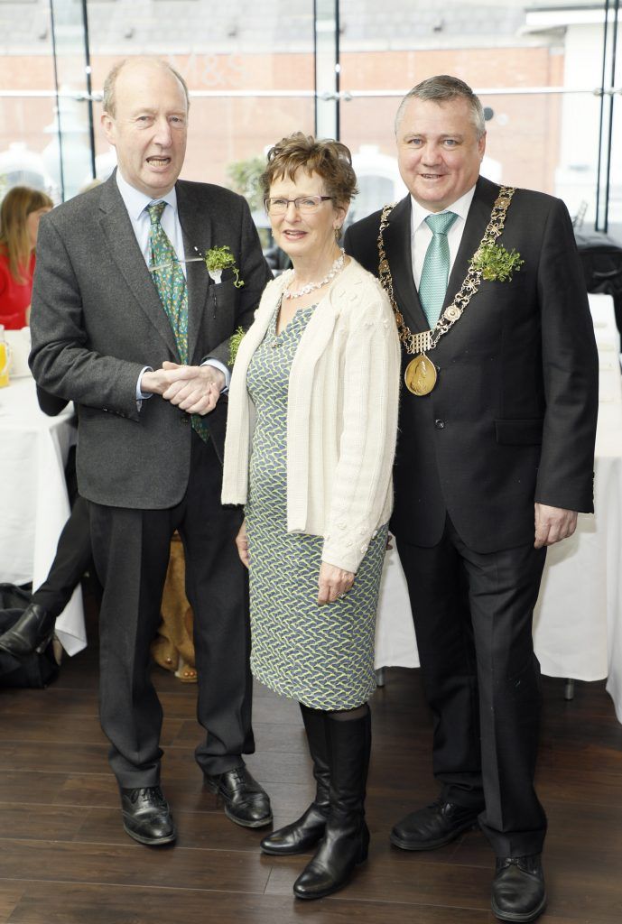 Minister Shane Ross TD, Judy Woodworth and Lord Mayor of Dublin Brendan Carr at the St. Patrick's Day Festival VIP Breakfast proudly sponsored by Marks & Spencer at the Rooftop Cafe in M&S Grafton Street. Photo by Kieran Harnett
