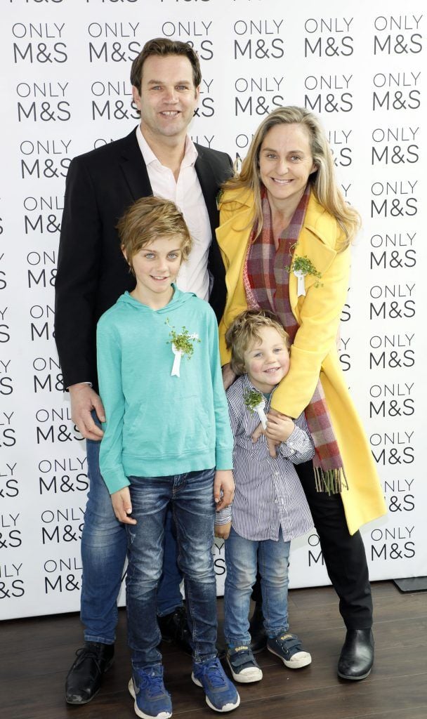 Johnny, Marcus and Sam Carroll with Debbie O'Donnell at the St. Patrick's Day Festival VIP Breakfast proudly sponsored by Marks & Spencer at the Rooftop Cafe in M&S Grafton Street. Photo by Kieran Harnett