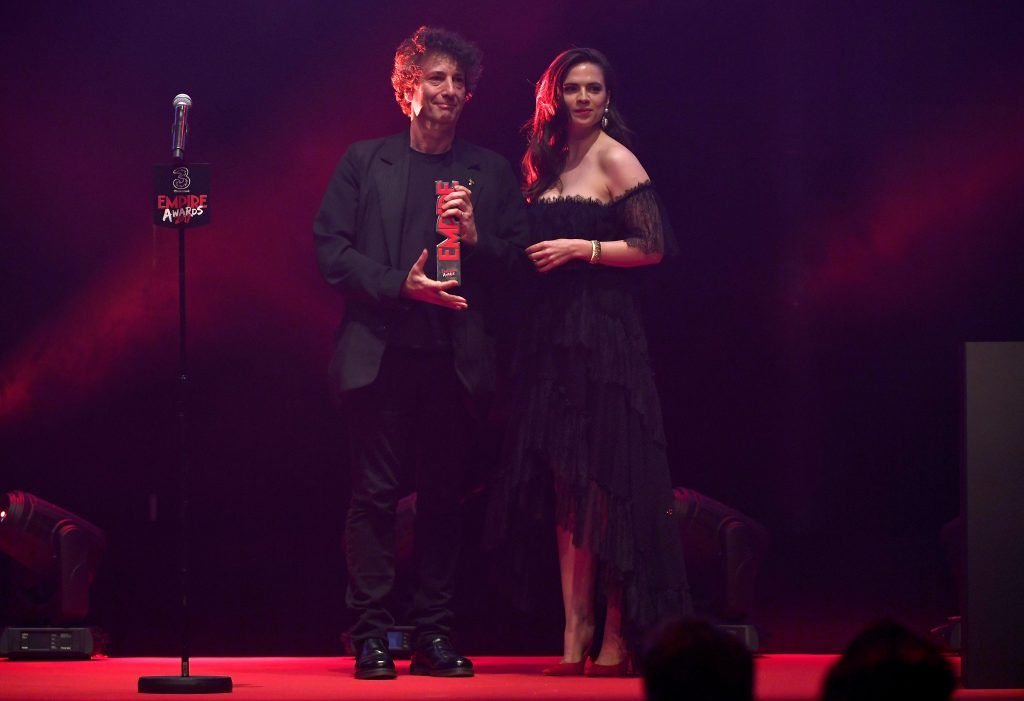Hayley Atwell (L) and Neil Gaiman present the Best Sci-Fi/Fantasy award during the THREE Empire awards at The Roundhouse on March 19, 2017 in London, England.  (Photo by Ian Gavan/Getty Images)