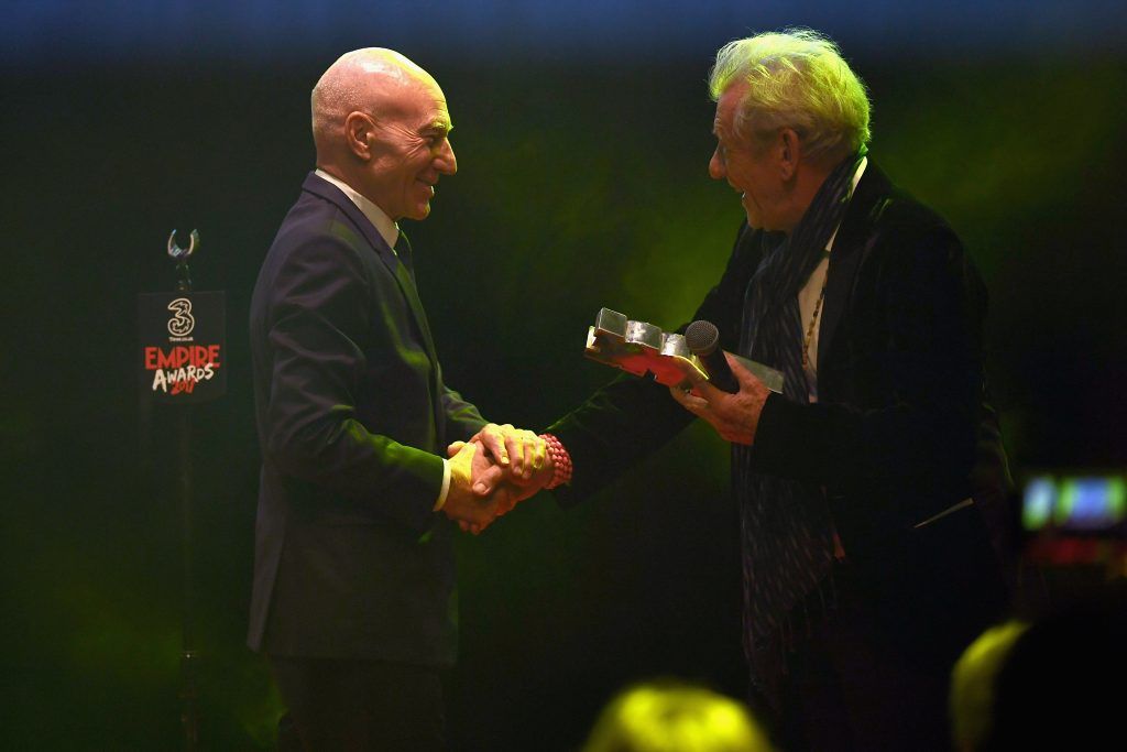 Sir Ian McKellen (R) presents the award for Empire Legend to Sir Patrick Stewart (L) during the THREE Empire awards at The Roundhouse on March 19, 2017 in London, England.  (Photo by Ian Gavan/Getty Images)