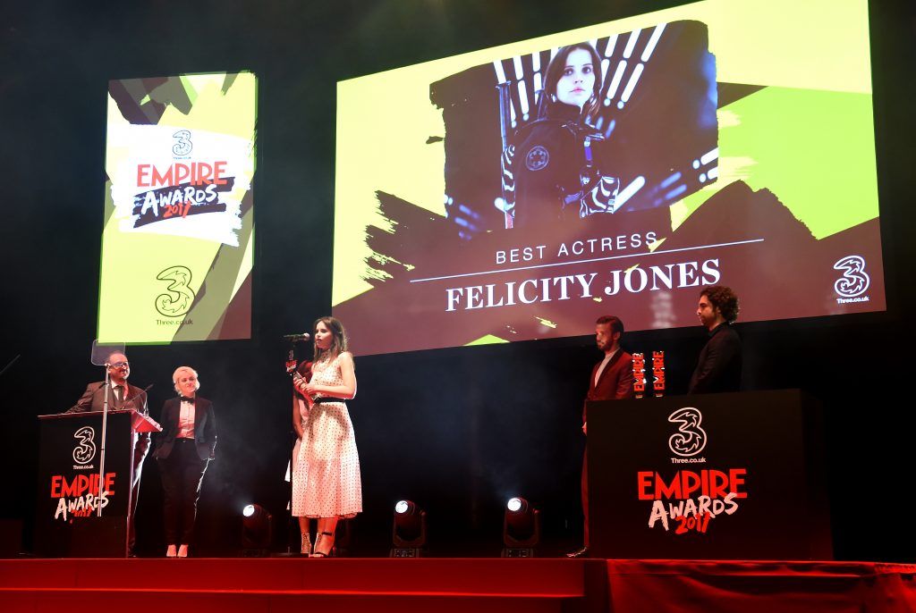 Felicity Jones wins the award for Best Actress during the THREE Empire awards at The Roundhouse on March 19, 2017 in London, England.  (Photo by Stuart C. Wilson/Getty Images)