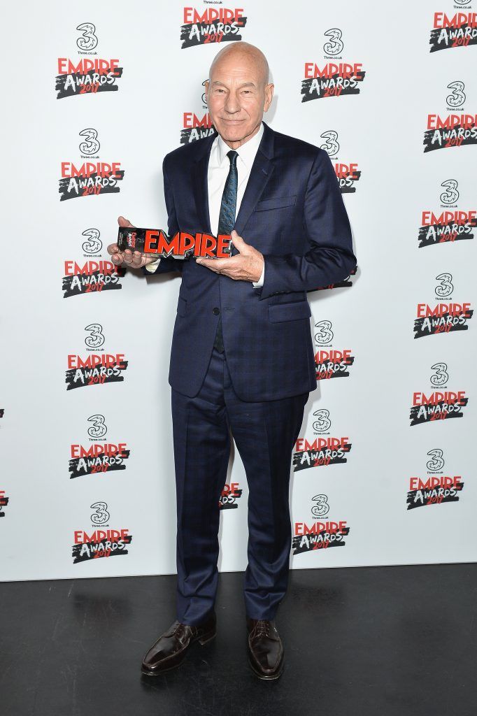 Sir Patrick Stewart with the award for Empire Legend in the winners room at the THREE Empire awards at The Roundhouse on March 19, 2017 in London, England.  (Photo by Jeff Spicer/Getty Images)