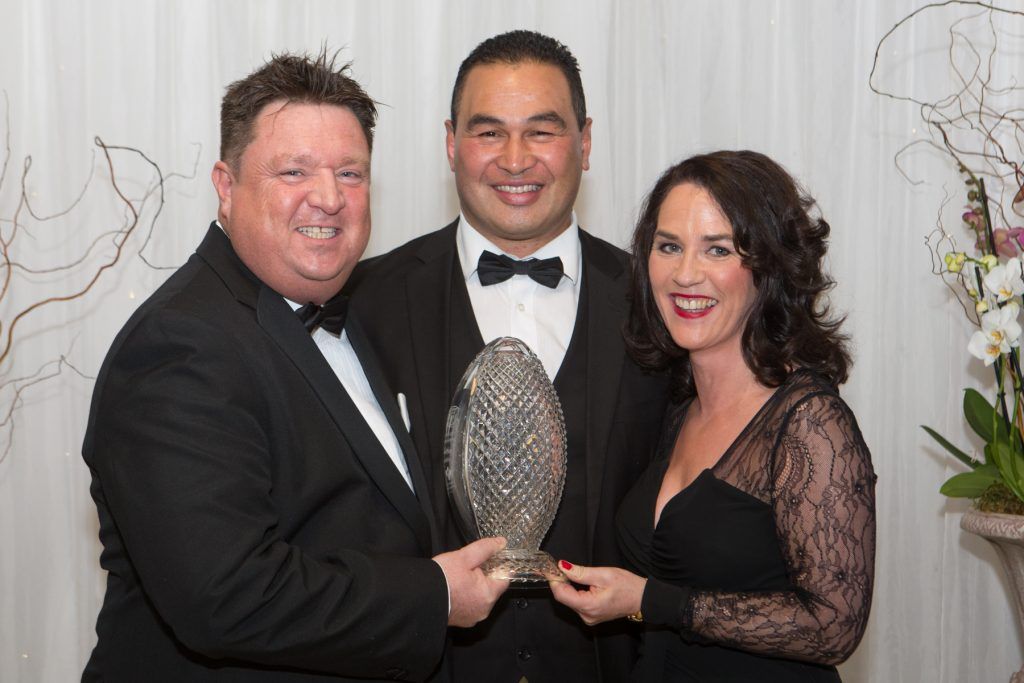 Shay Livingstone, Pat Lam, Connacht Rugby and Noreen D'Arcy, D'Arcy Marketing & PR pictured at the Galway Hospitality Industry Ball 2017 which honoured Connacht Rugby head coach Pat Lam at the Galway Bay Hotel. Photo Martina Regan
