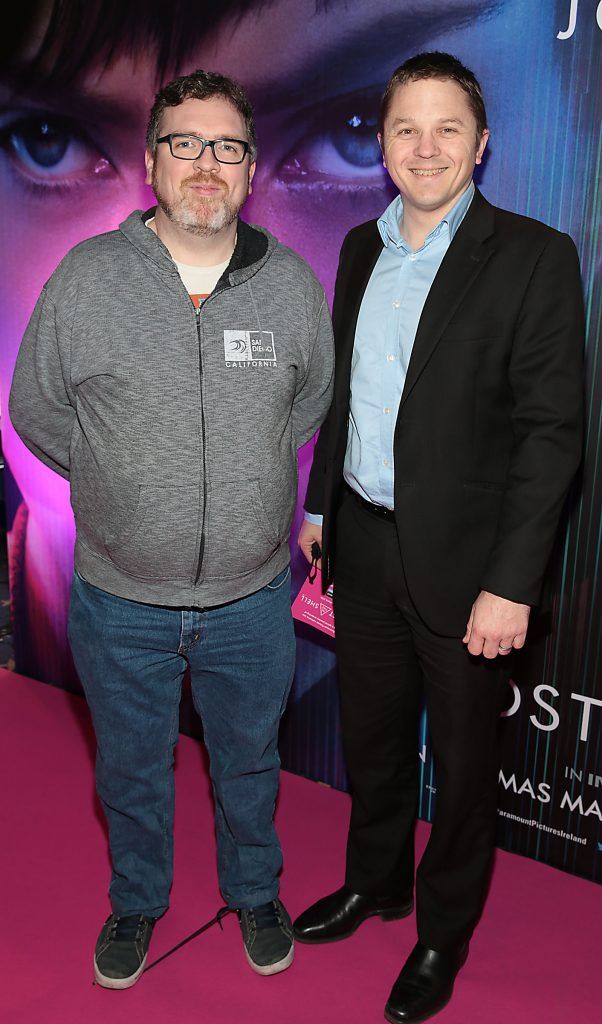 Finbarr O Kane and Geoff Treacey ictured at the special preview screening of the film Ghost in the Shell at Cineworld, Dublin. Picture: Brian McEvoy.